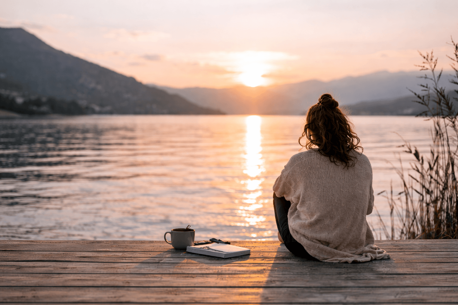 mujer reflexionando frente al lago calma y claridad